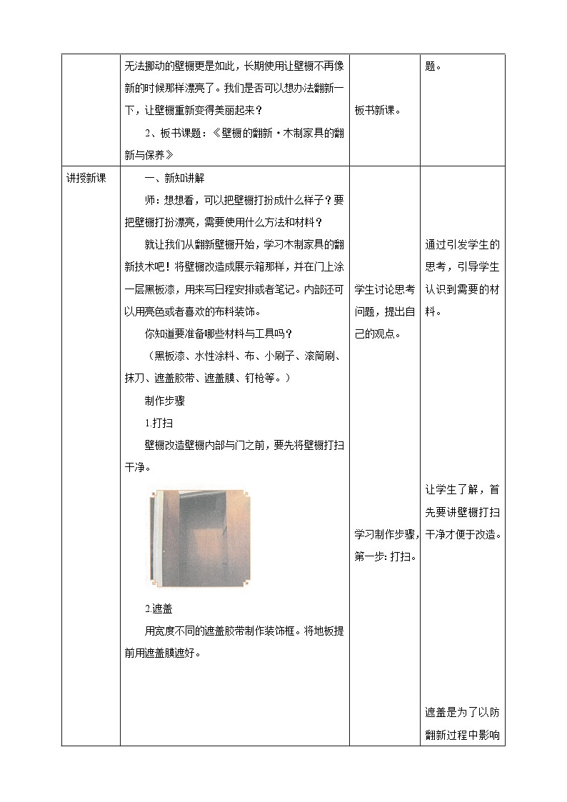 粤教版初中劳技全一册教案第一单元第3课《壁橱的翻新·木制家具的翻新与保养》教案02