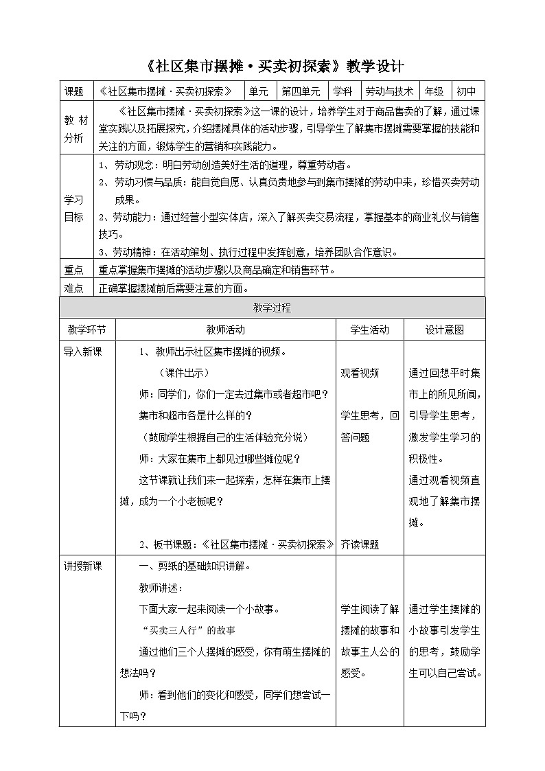 粤教版初中劳技全一册教案第四单元第2课《社区集市摆摊·买卖初探索》教案01