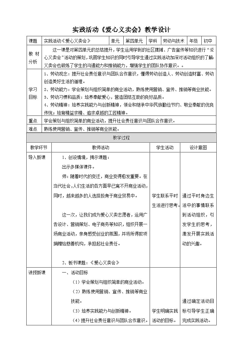 粤教版初中劳技全一册教案第四单元第4课实践活动《爱心义卖会》教案第1页