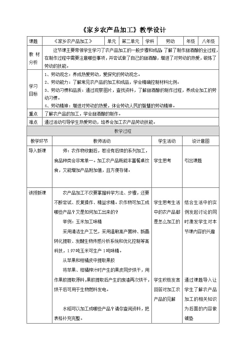 浙教版劳动八下项目二任务二《家乡农产品加工》教案第1页