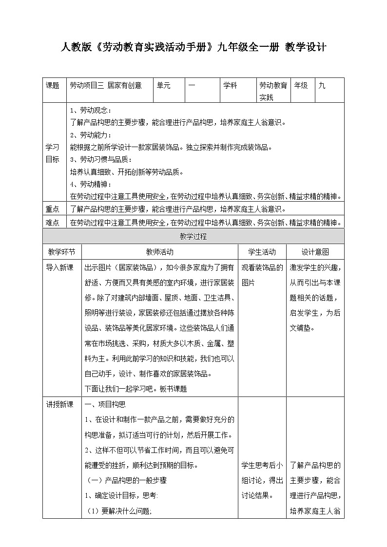 【核心素养目标】人教版九年级劳技  项目三《居家有创意》课件＋教案+素材01