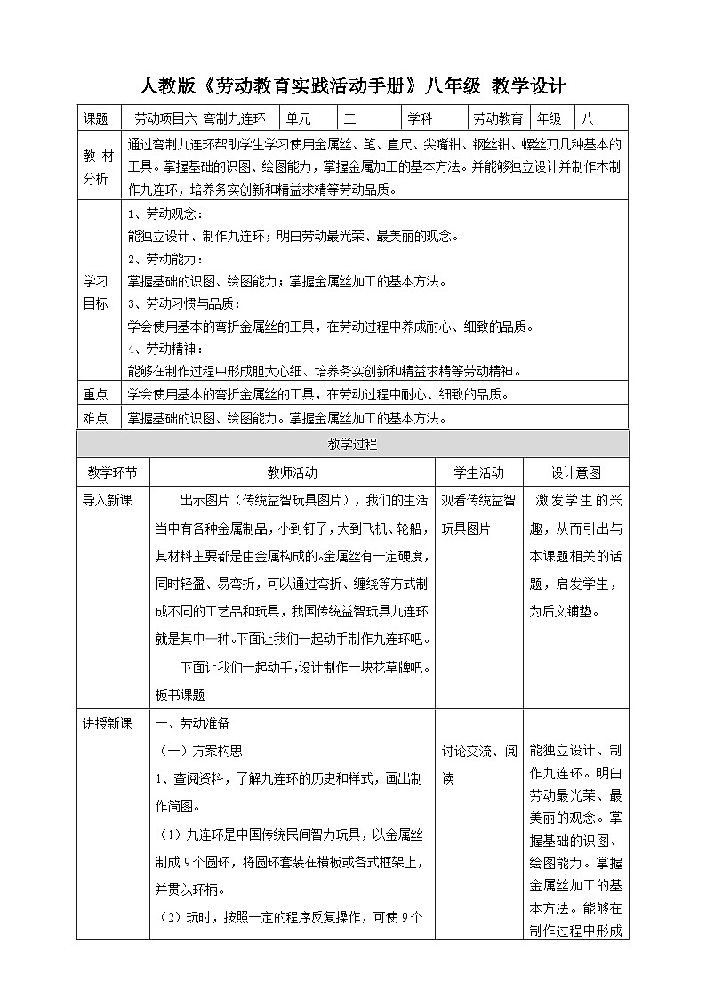 【核心素养目标】人教版八上劳技  项目六 《弯制九连环》课件＋教案+素材01