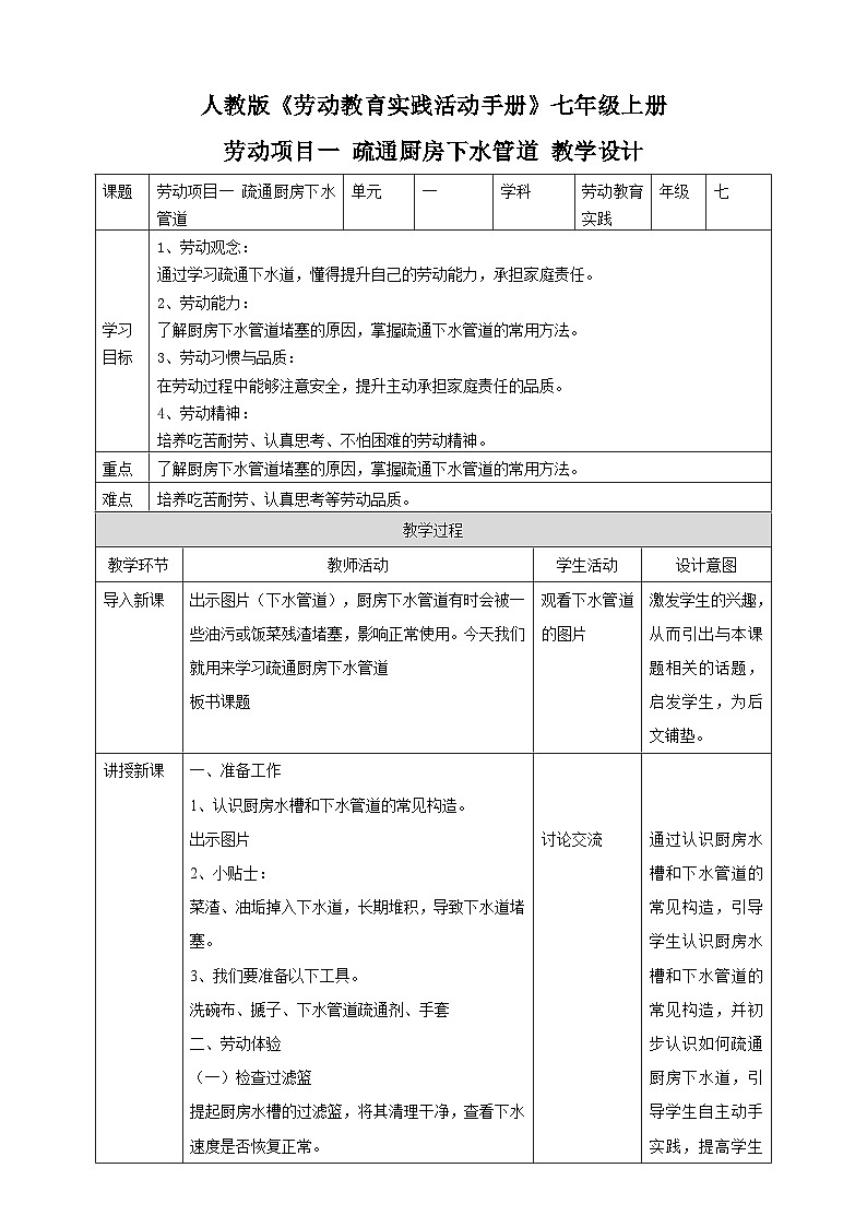 【核心素养目标】人教版《劳动教育》七上 劳动项目一 疏通厨房下水管道 教学设计第1页
