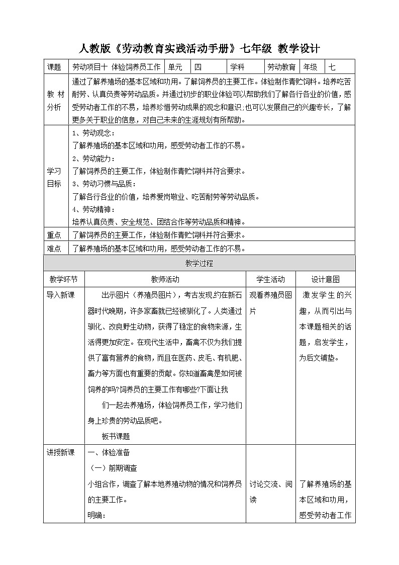 【核心素养目标】人教版《劳动教育》七上 劳动项目十《体验饲养员工作》教学设计第1页