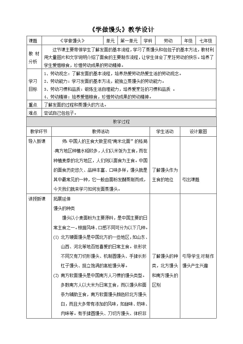 【核心素养目标】人教版劳动教育七下 劳动项目三《学做馒头》教案第1页