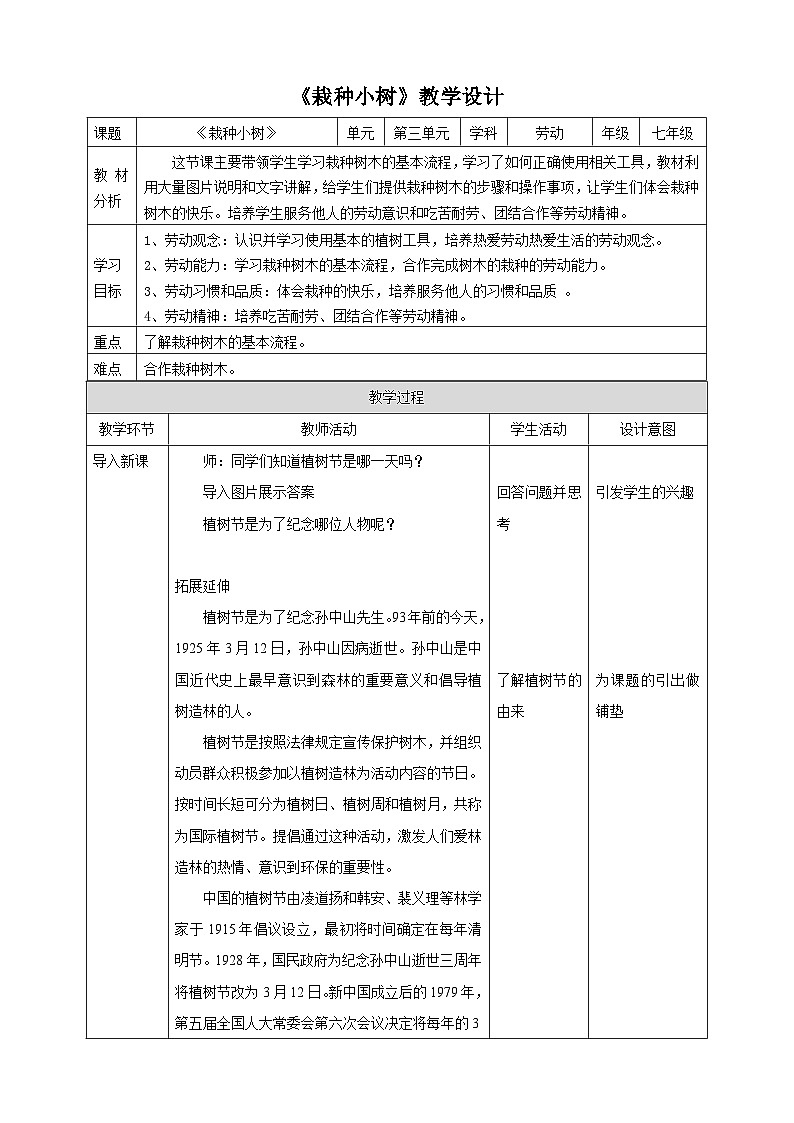 【核心素养目标】人教版劳动教育七下  劳动项目八《栽种小树》课件+教案01