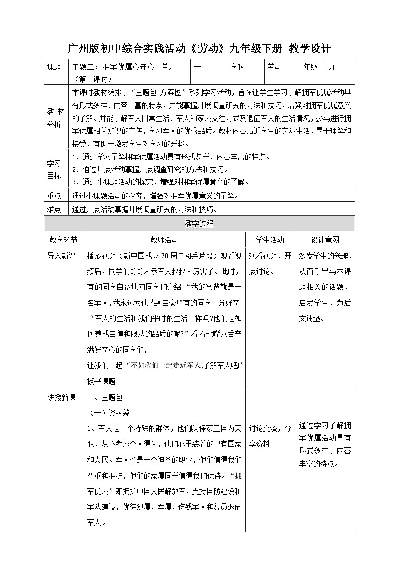 【广州版】九下劳技  主题二 拥军优属心连心（第一课时）课件＋教案+素材01