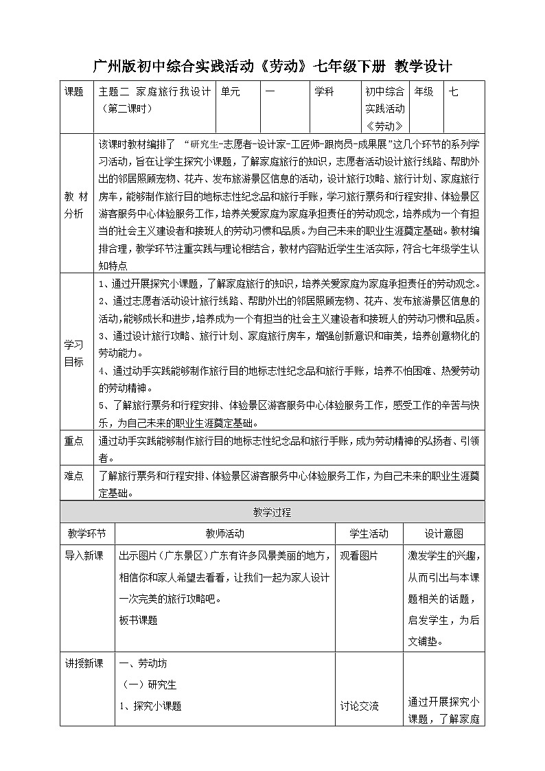 【广州版】初中综合实践活动《劳动》七年级下册 主题二 家庭旅行我设计（第二课时） 教学设计第1页