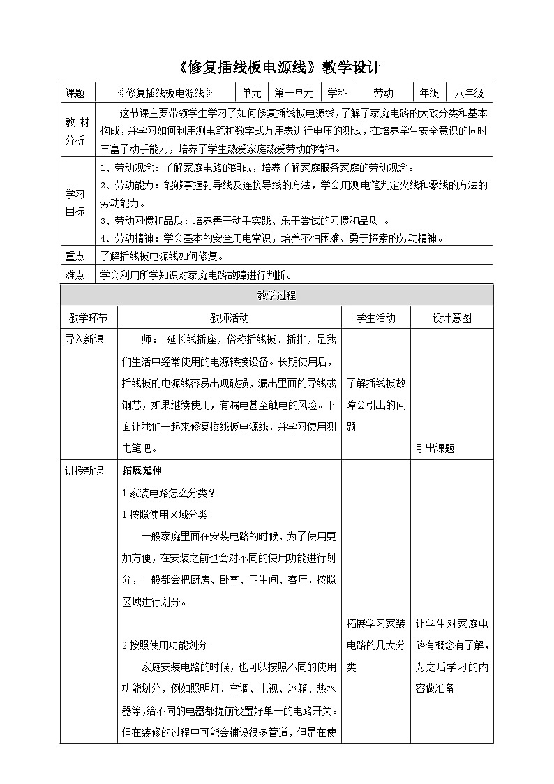 【核心素养目标】人教版劳动教育八年级下册 劳动项目四《修复插线板电源线》教案第1页