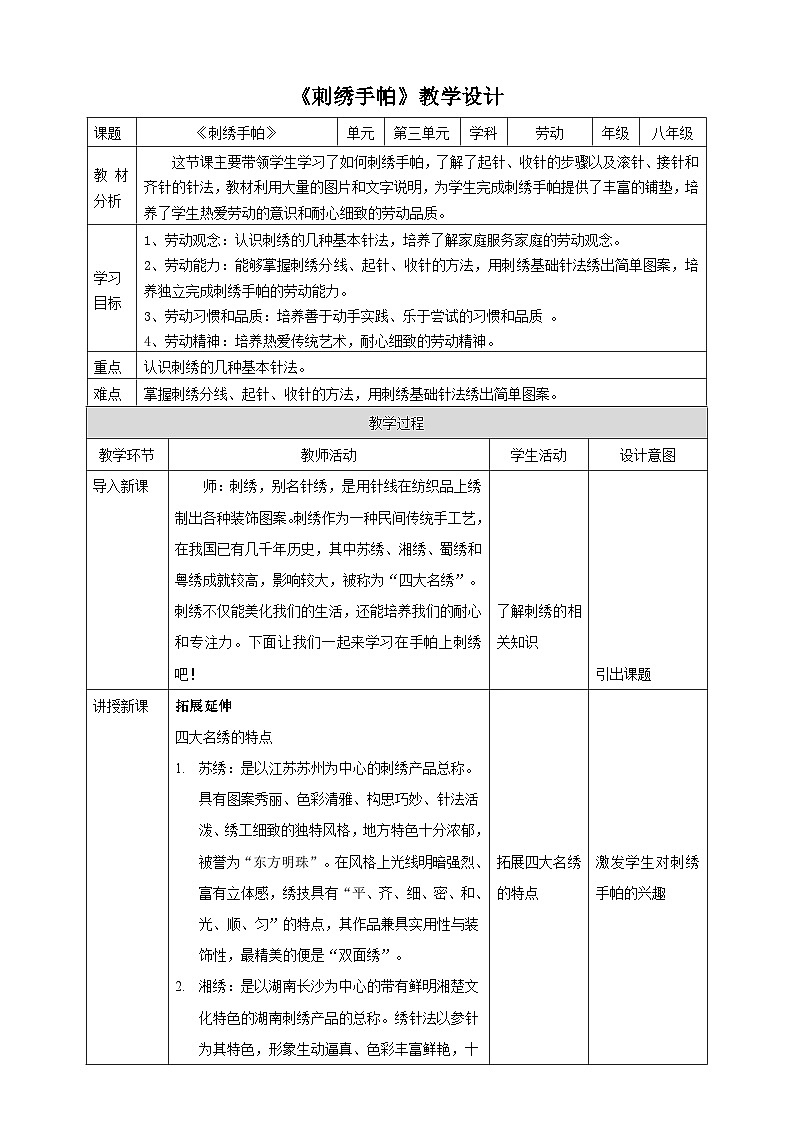 【核心素养目标】人教版劳动教育八年级下册  劳动项目五《刺绣手帕》课件+教案+素材01