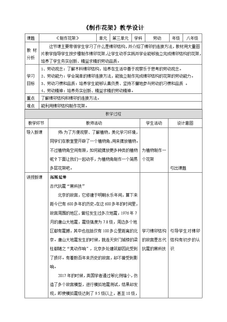 【核心素养目标】人教版劳动教育八年级下册 劳动项目八《制作花架》课件+教案+素材01
