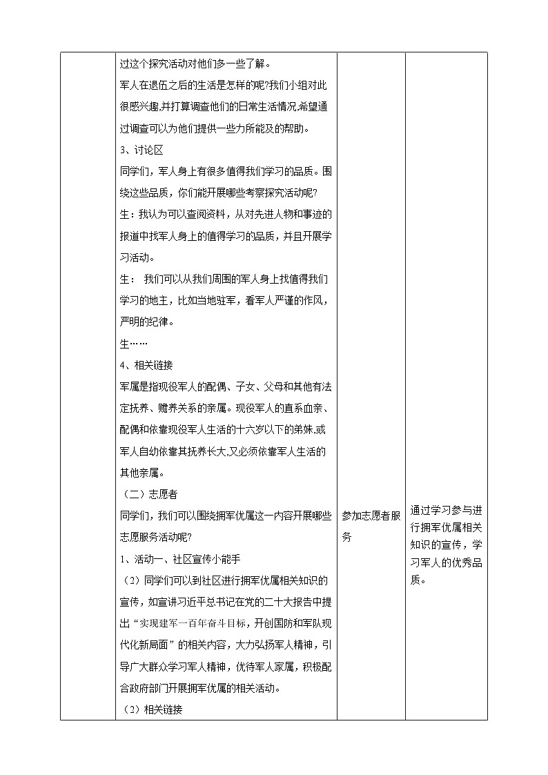 广州版综合实践活动九年级下册 主题二 《拥军优属心连心》（第二课时） 教学设计第2页