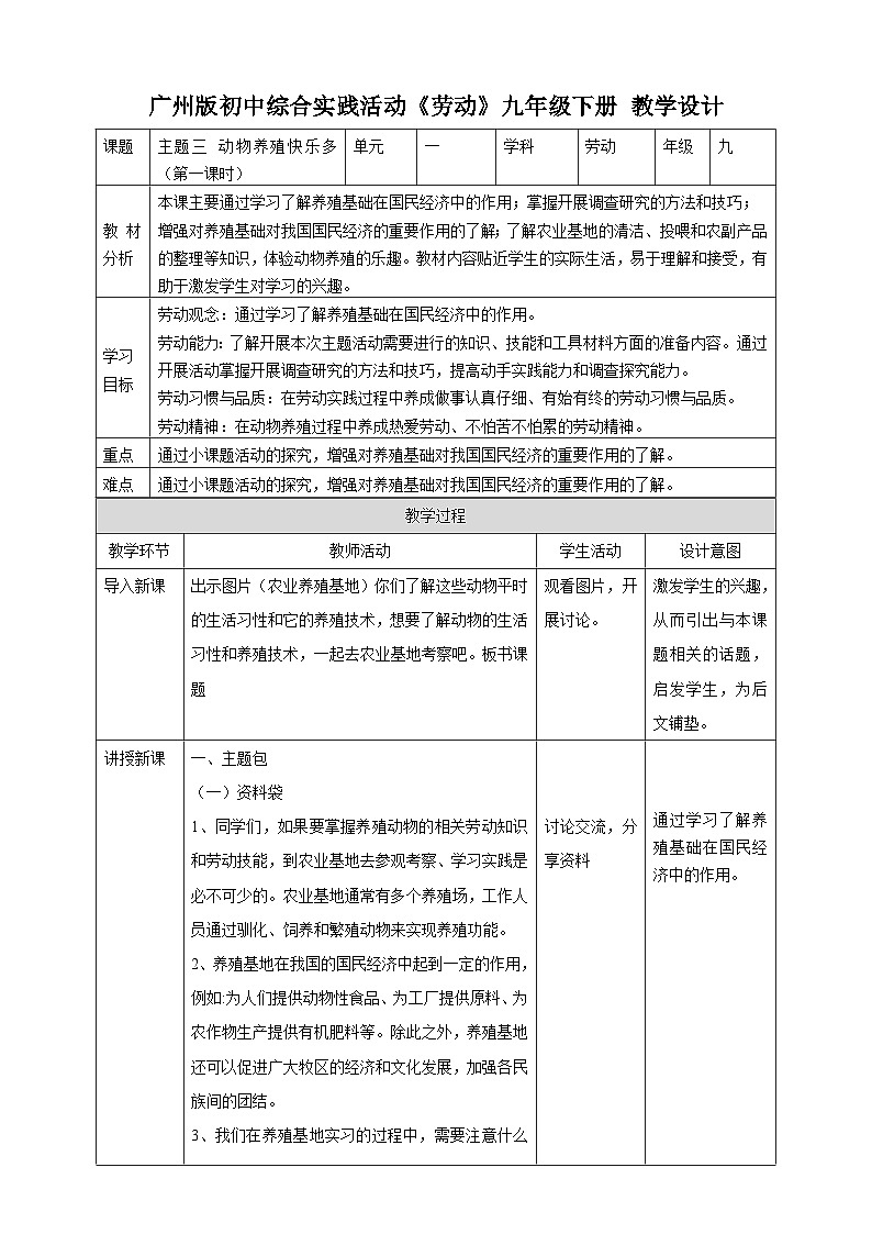 广州版综合实践活动九年级下册  主题三 《动物养殖快乐多》（第一课时） 教学设计第1页