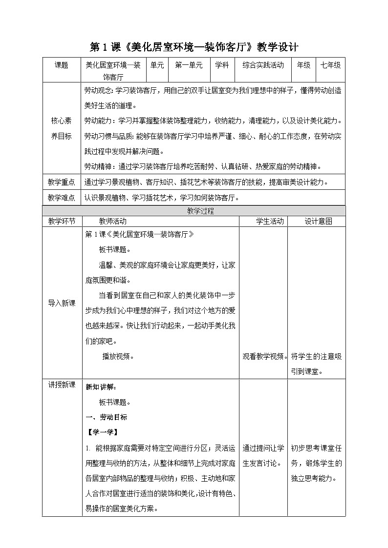 七年级下册第一单元第1课《美化居室—装饰客厅》第1页