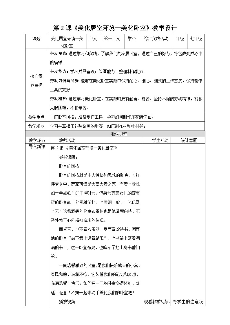 【湘人版劳动实践】七年级下册第一单元第2课《美化居室环境—美化卧室》第1页
