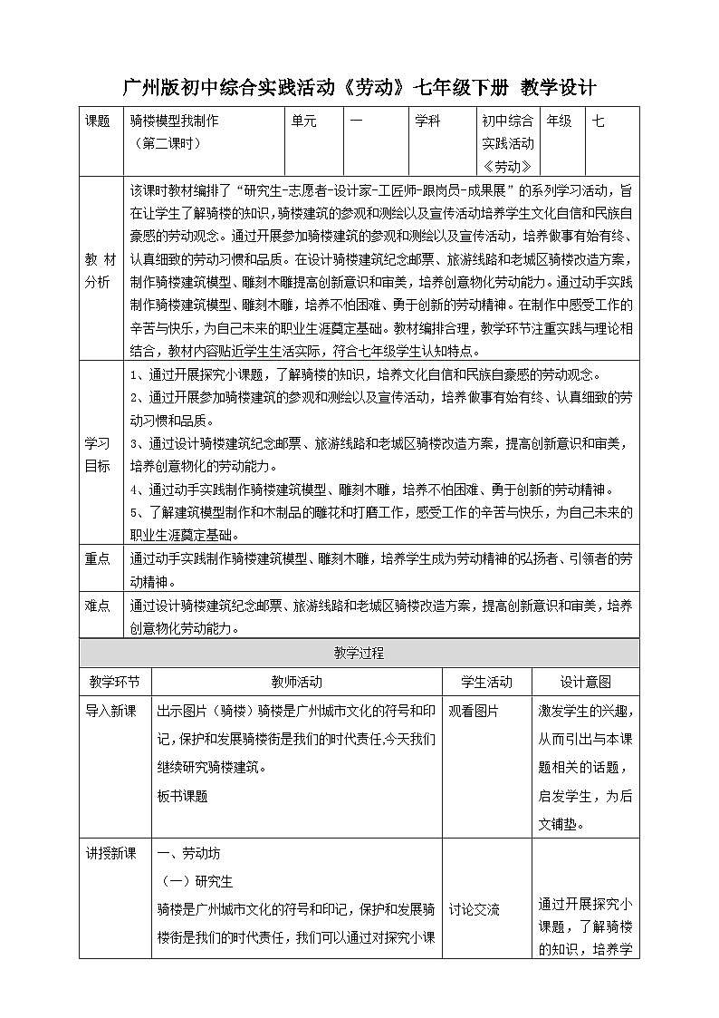 广州版七年级劳技下册 主题五《骑楼模型我制作》（第二课时）教学设计第1页