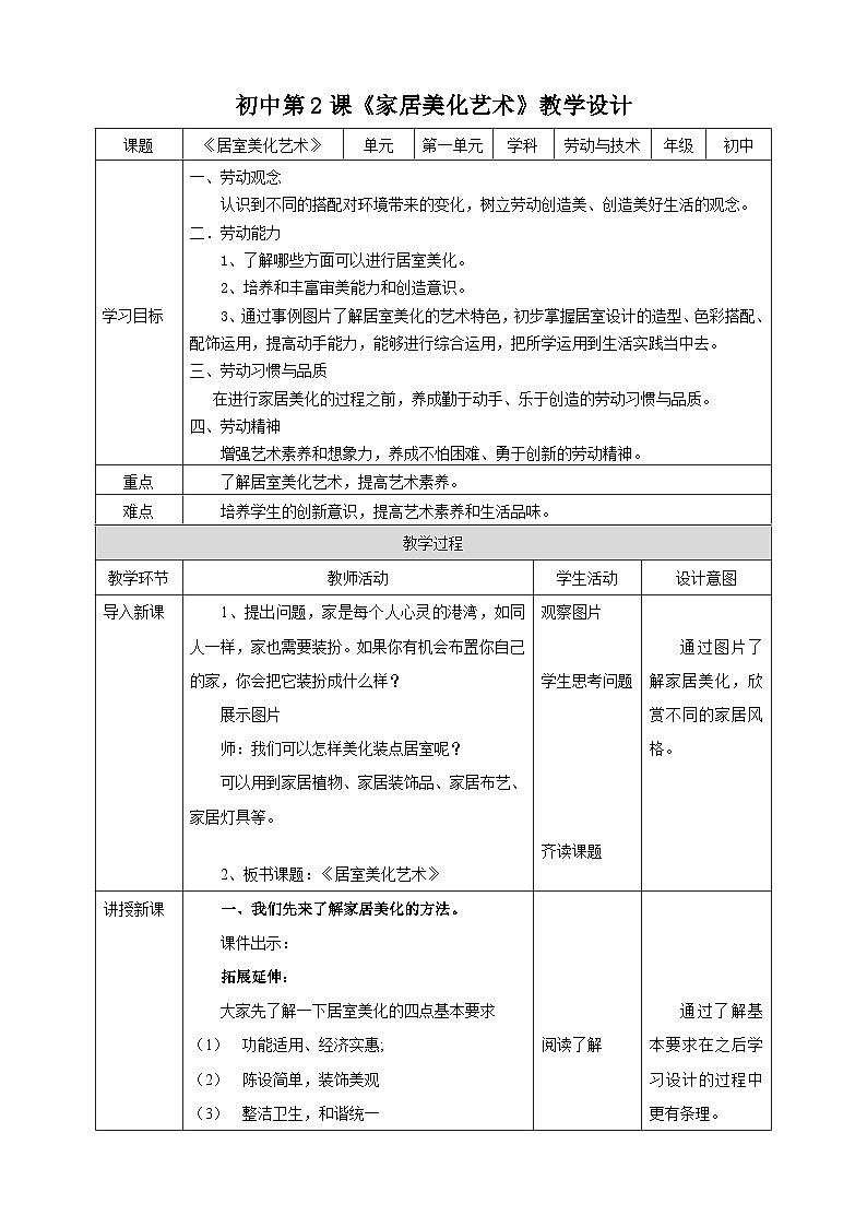 湘教版初中劳技 第2课《居室美化艺术》教案第1页