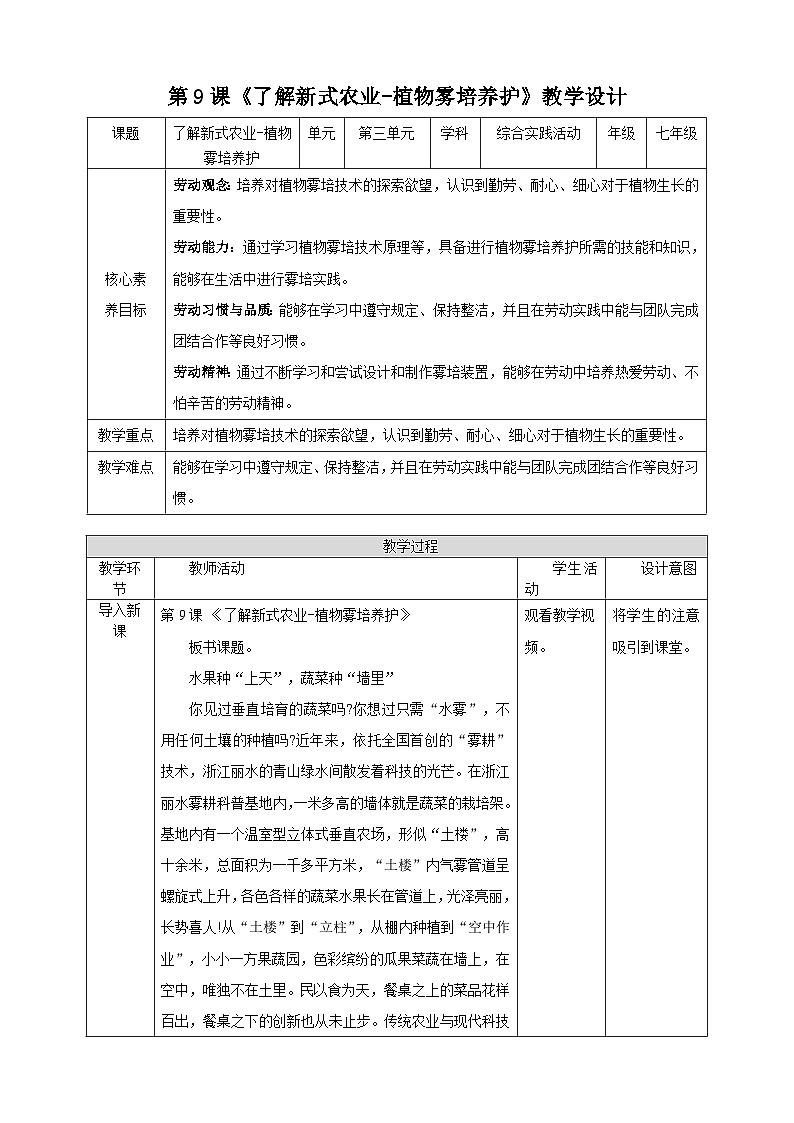 【湘人版劳动实践】七年级下册任务三项目3、植物雾培养护第1页