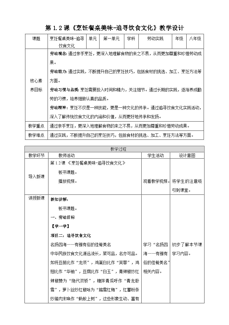 【湘人版劳动实践】八年级下册任务一项目2《追寻饮食文化》第1页