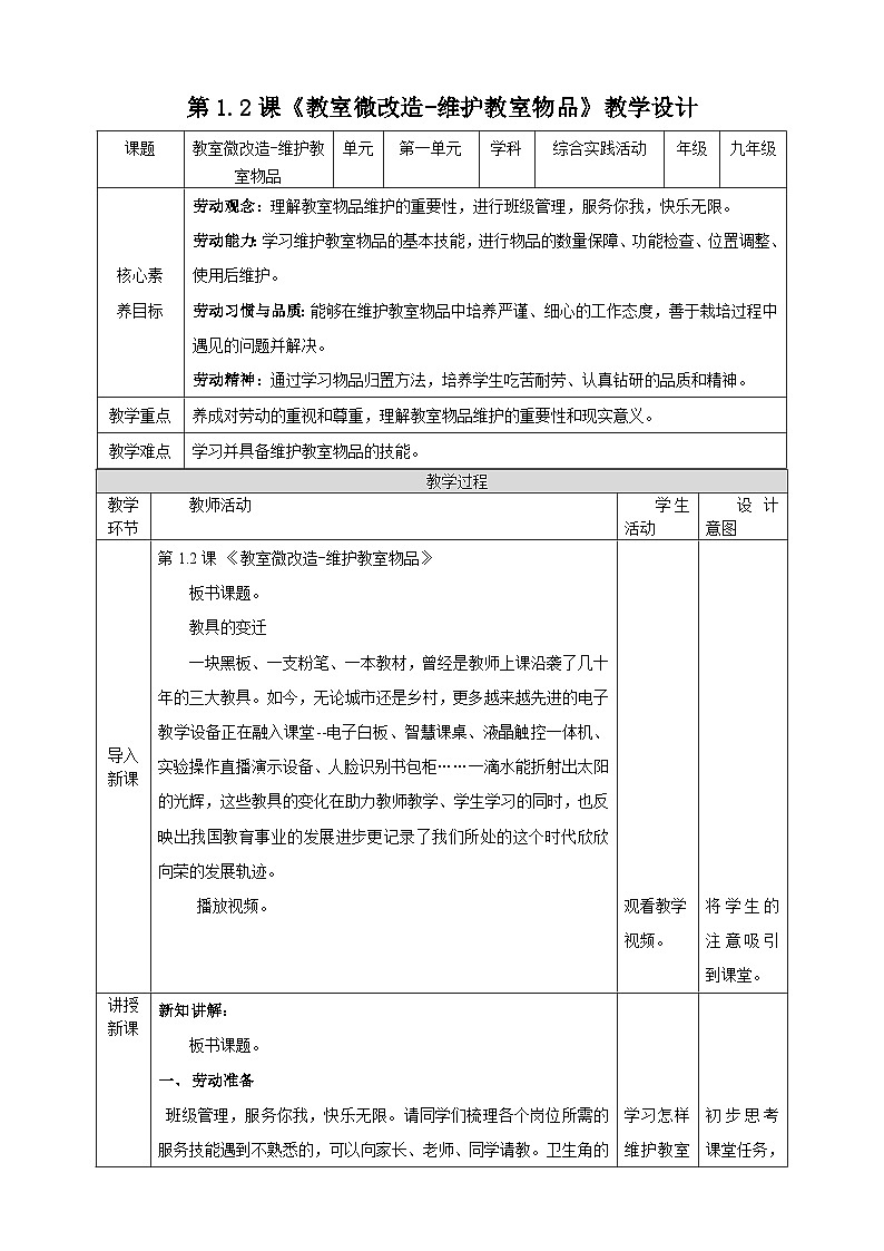 【湘人版劳动实践】九年级下册第一单元第二课《维护教室物品》第1页