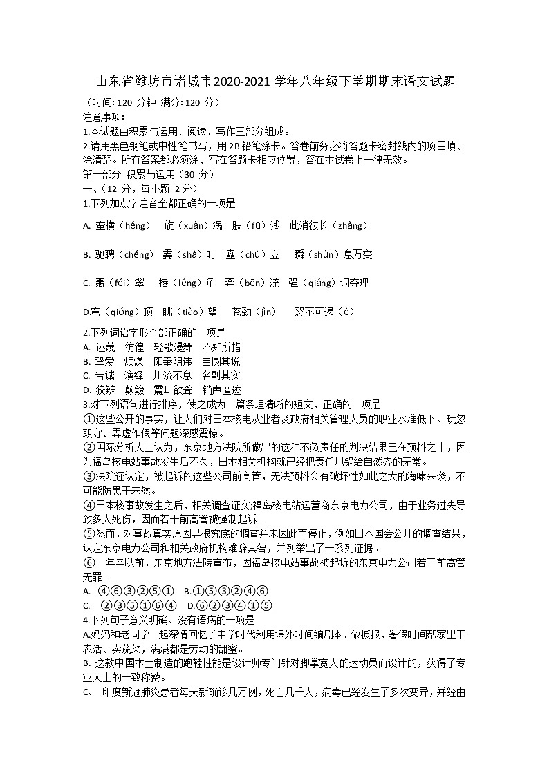山东省潍坊市诸城市2020-2021学年八年级下学期期末考试语文试题（word版 含答案）01
