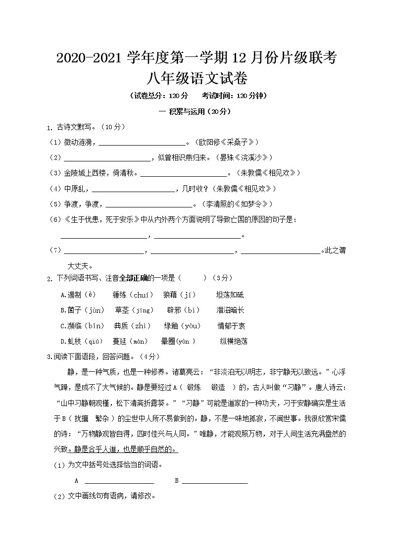 江苏省徐州市睢宁县2020-2021学年八年级12月片级联考语文试题01