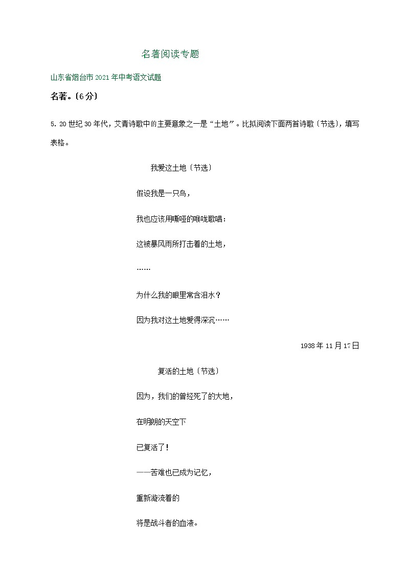 2021年山东省中考语文试题分类精编精练：名著阅读专题第1页