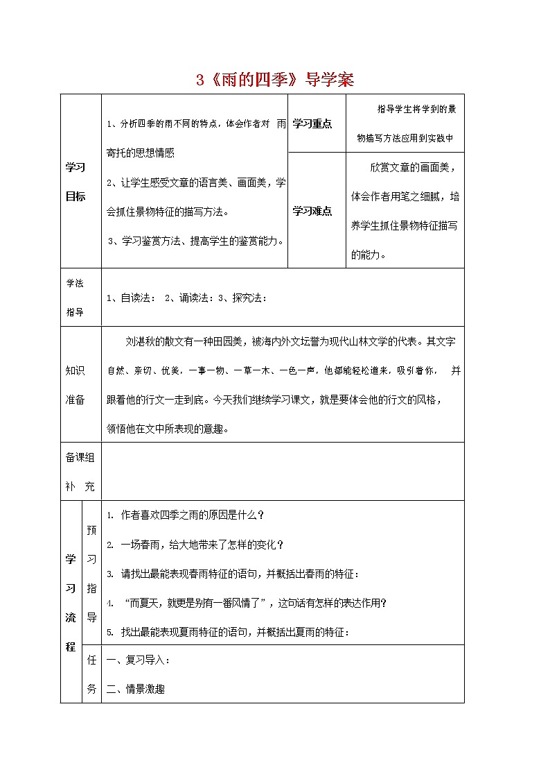 人教部编版七年级语文上册 《雨的四季》导学案设计 (3)01