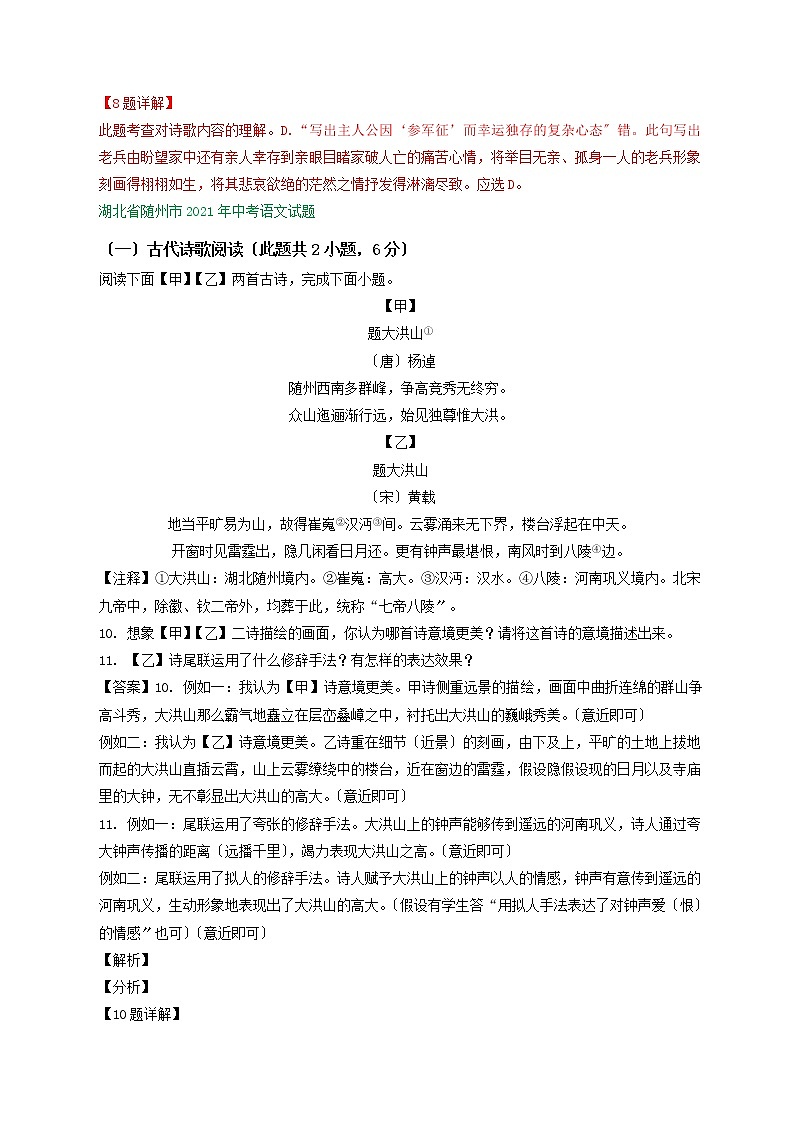 2021年湖北省中考语文试题精编精练：古诗阅读专题第2页