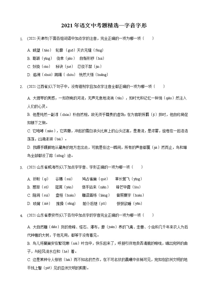 2021年中考语文真题精编精练：《汉字知识》第1页