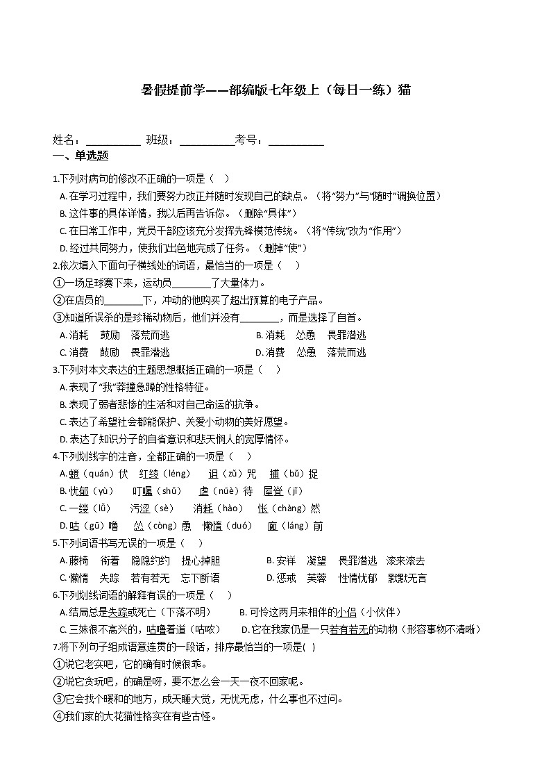 暑假提前学——部编版七年级上（每日一练）猫01