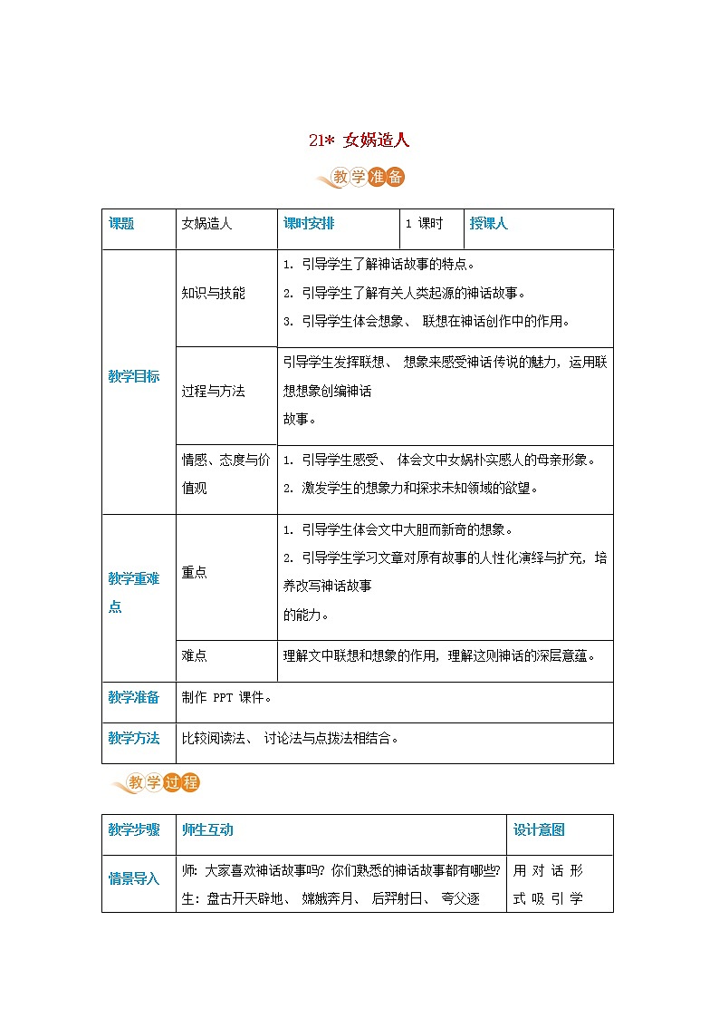 七年级语文上册第六单元放飞想象21女娲造人高效教案01