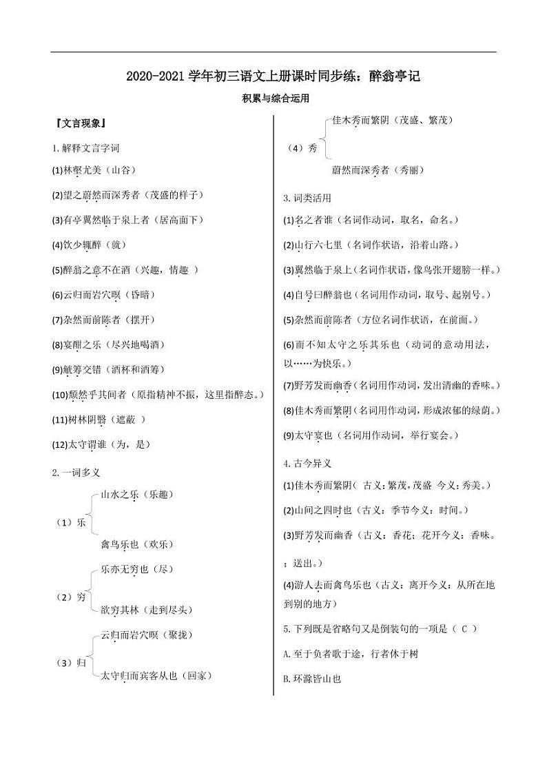 2020_2021学年九年级语文上册醉翁亭记课时同步练pdf新人教版第1页
