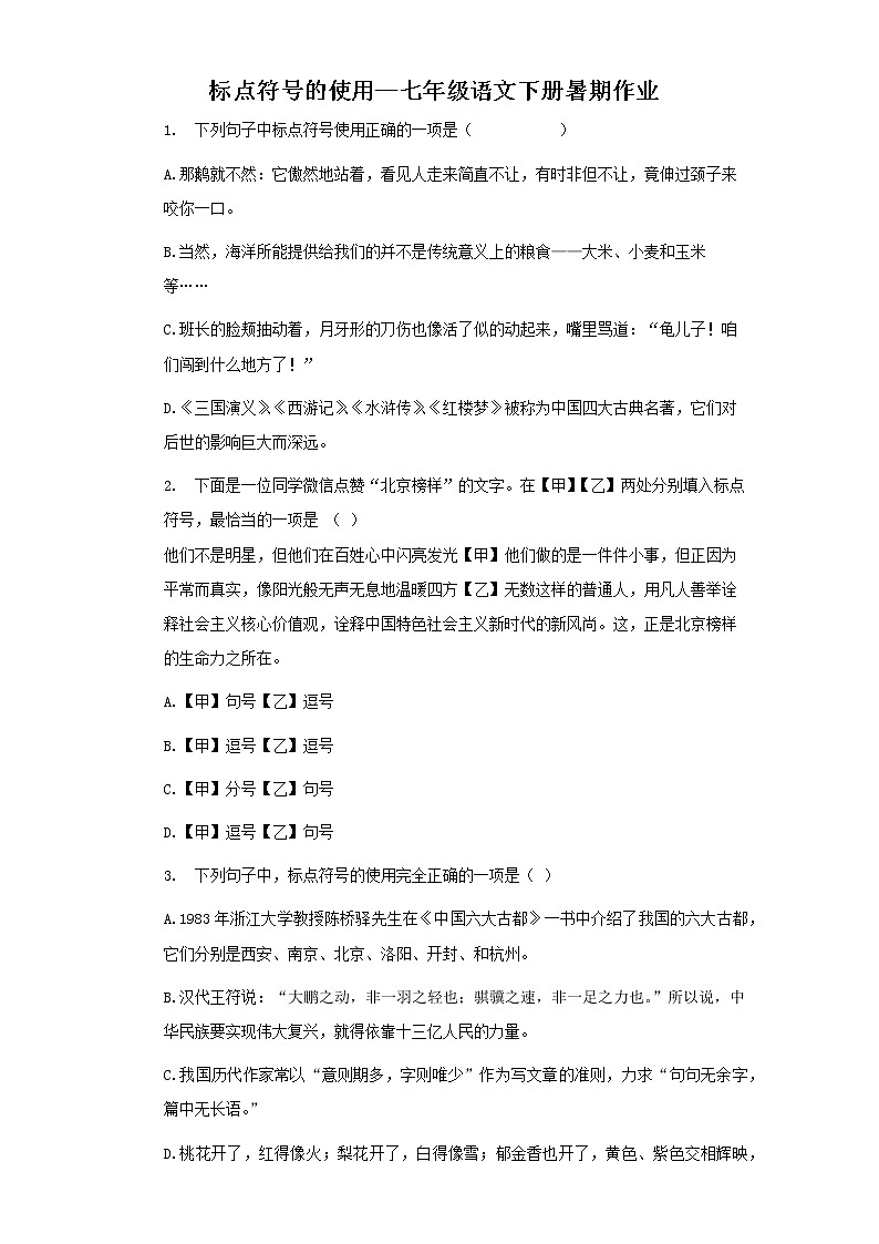 暑假作业：标点符号的使用部编版语文七年级下册 练习01