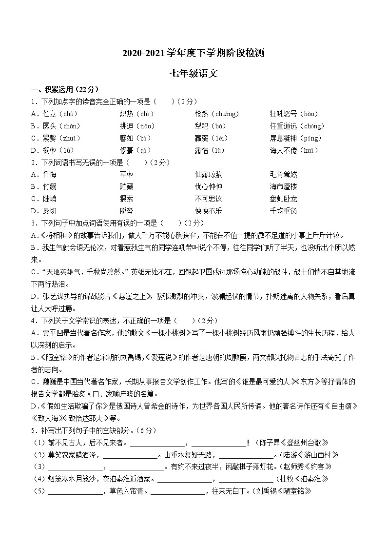 山东省临沂市费县2020-2021学年七年级下学期期末语文试题（word版 含答案）01