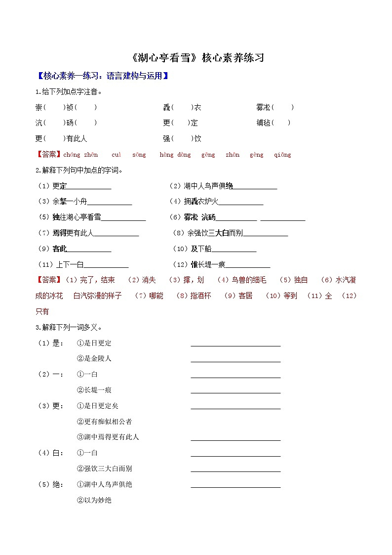 部编九上《湖心亭看雪》核心素养练习（解析版）01