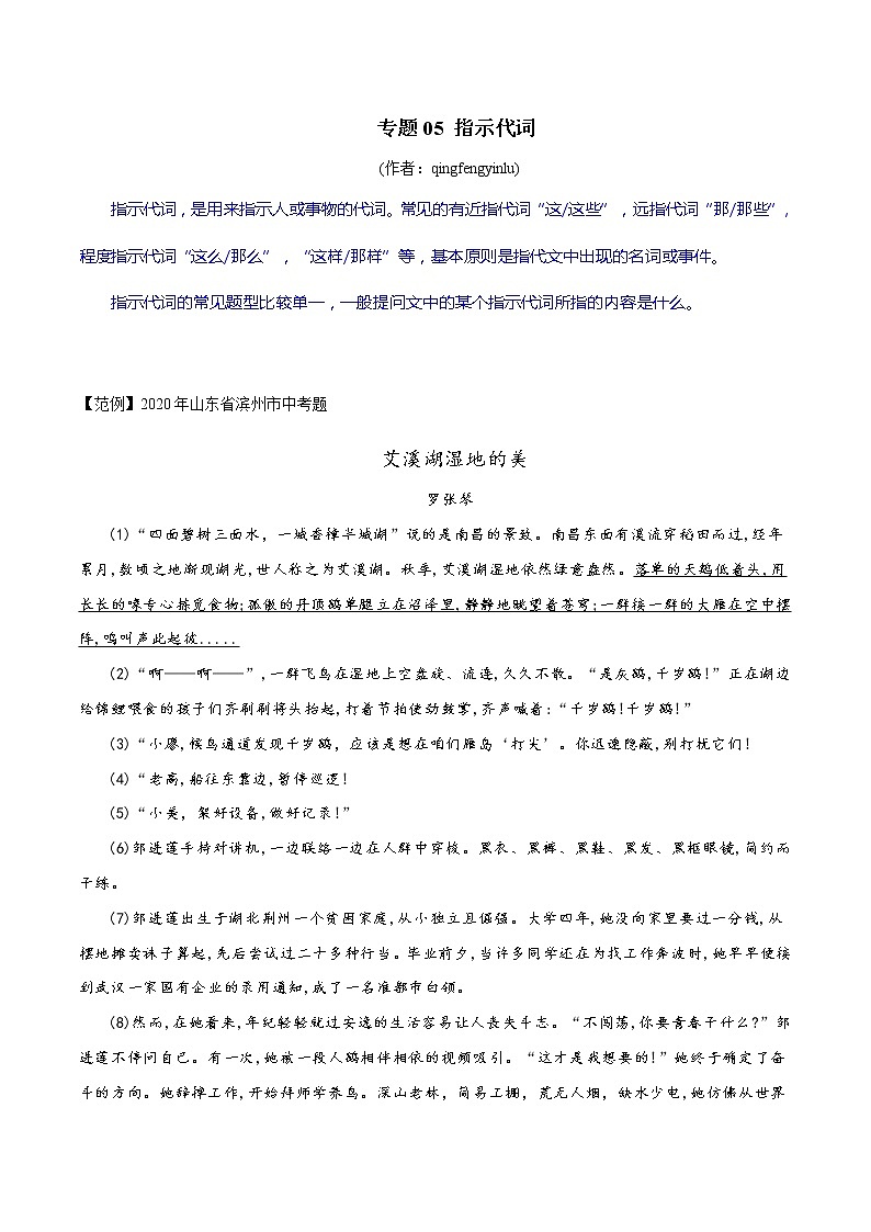 专题05 指示代词（原卷版）-【易读学堂】初中现代文阅读考点+答题技巧模板之记叙文第1页