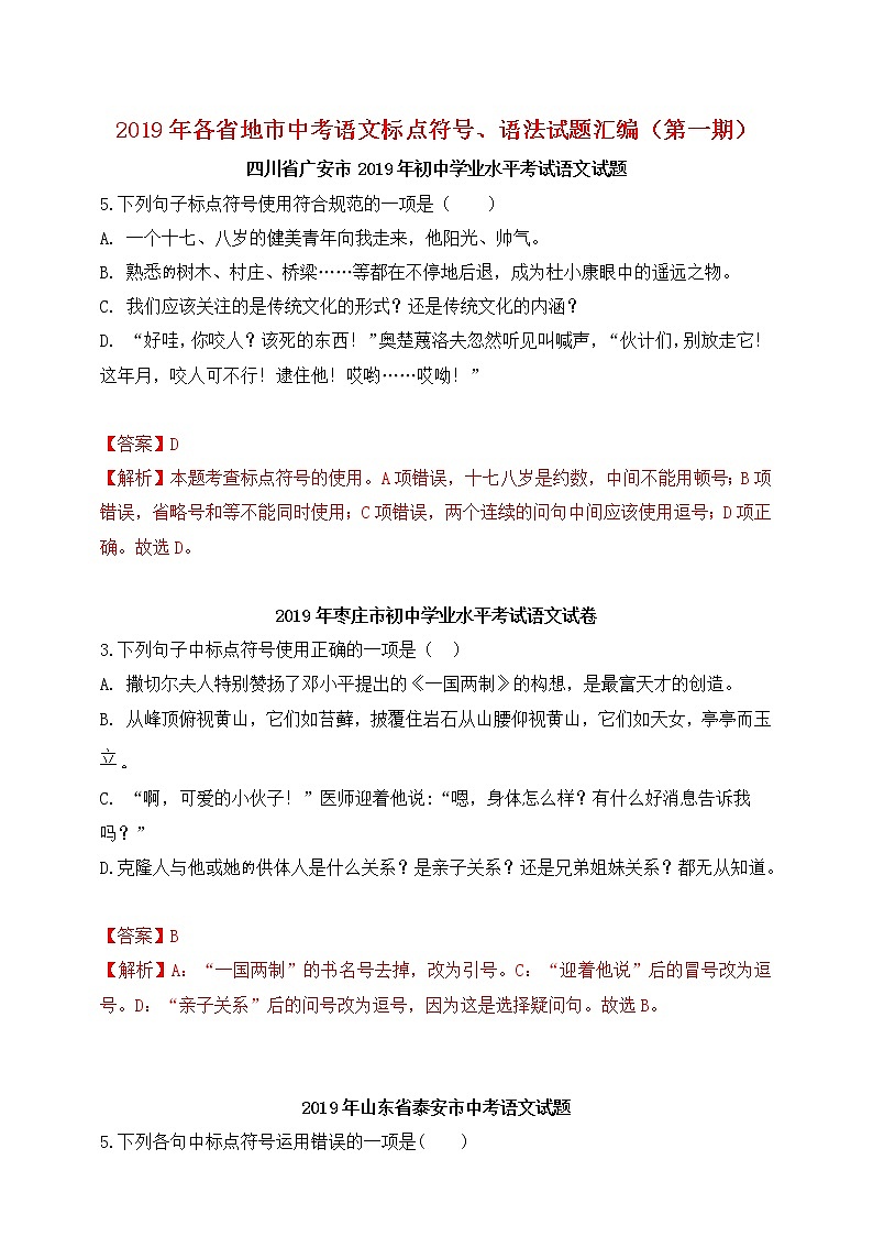 2019年中考语文真题分类汇编：标点符号、语法第1页