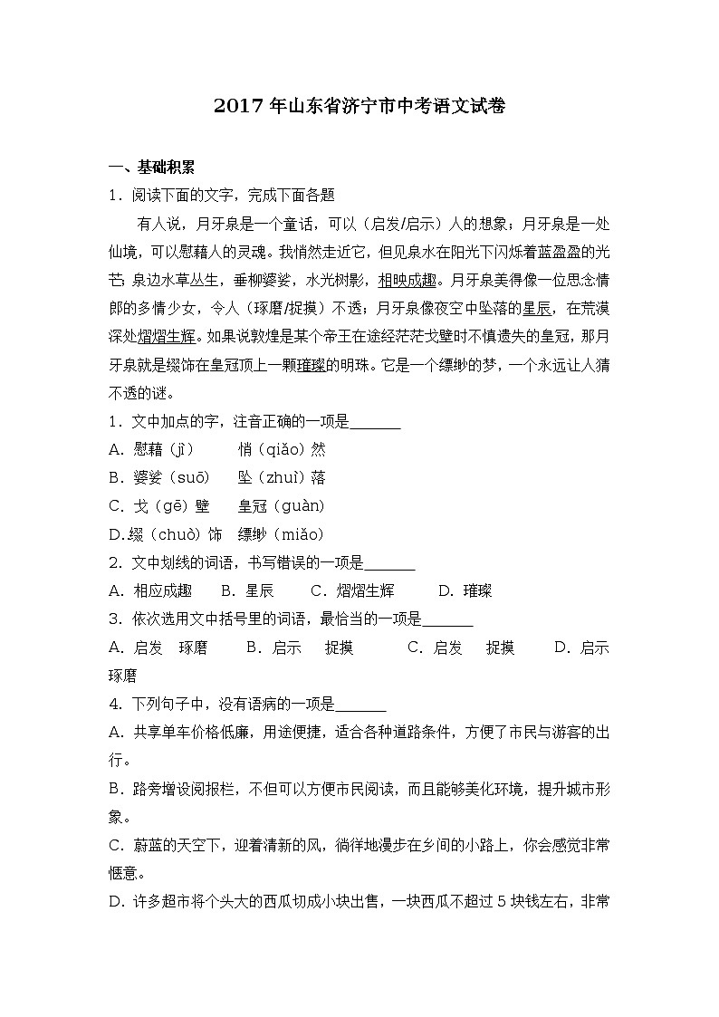 山东省济宁市2017年中考语文试卷（word解析版）01