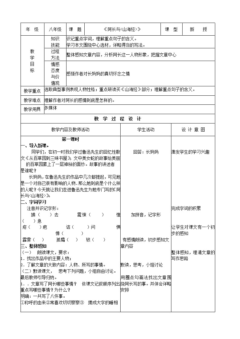 10、阿长与《山海经》教案第1页