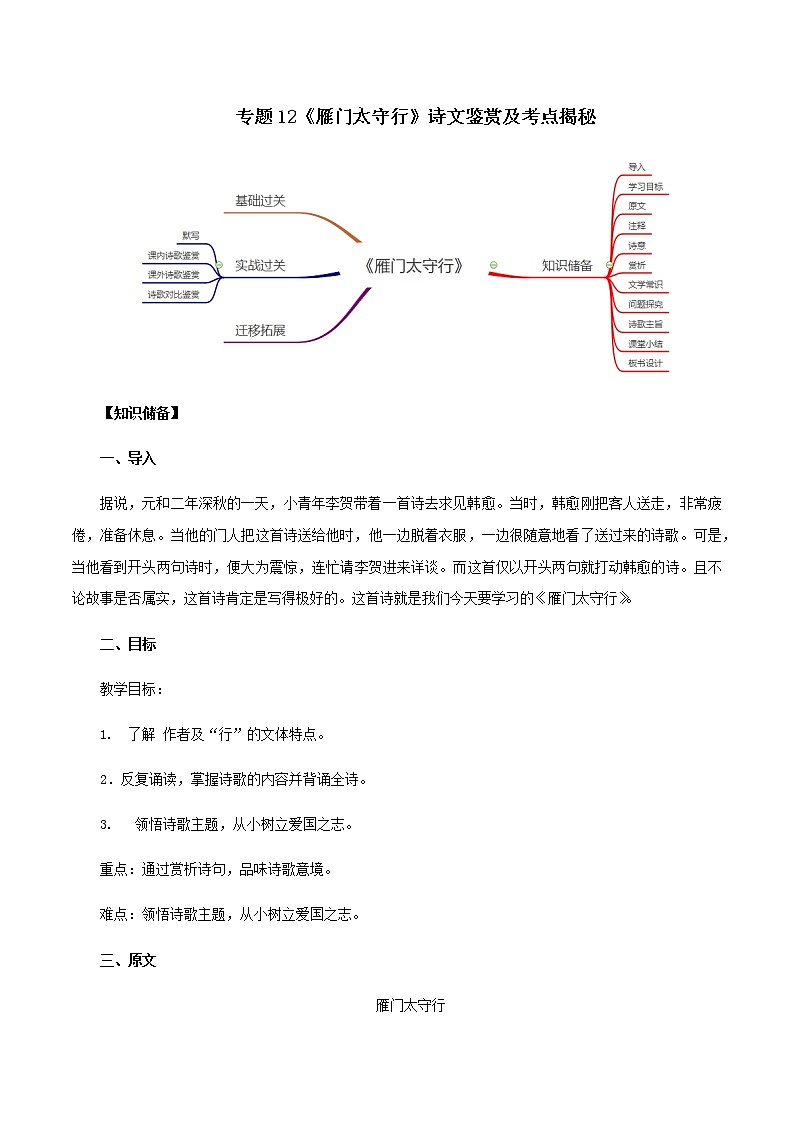 统编版语文八年级上册26诗词五首《雁门太守行》诗文鉴赏及考点揭秘（原卷版）学案01