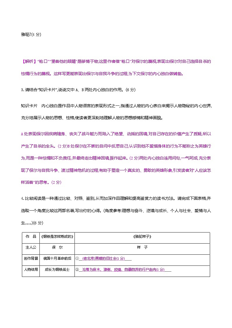 2021届中考语文专项复习二、名著大阅读 新题型特训《钢铁是怎样炼成的》（教师版）—2021届中考语文专项复习03