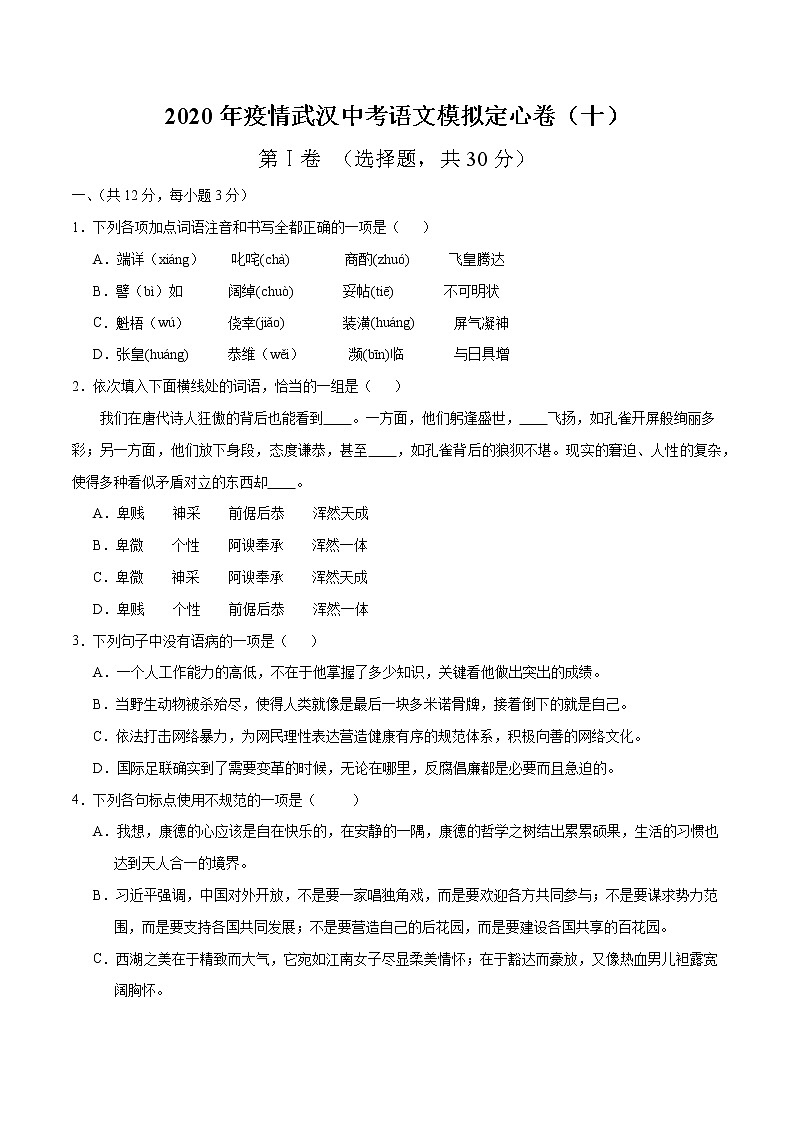 2020年疫情武汉中考语文模拟定心卷（十）（解析版）第1页