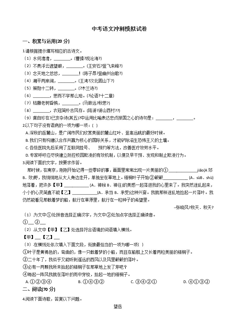 福建省厦门市2021届中考语文冲刺模拟试卷含答案第1页