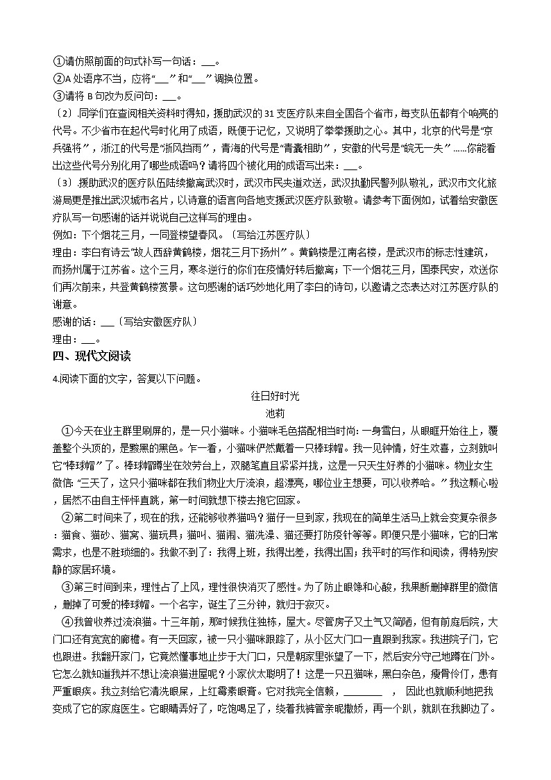 安徽省合肥市2021年重点初中语文中考三模试卷含答案02