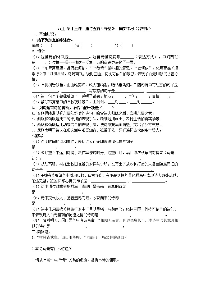 第13课《唐诗五首——野望》同步练习  2021—2022学年部编版语文八年级上册 (word版含答案)01