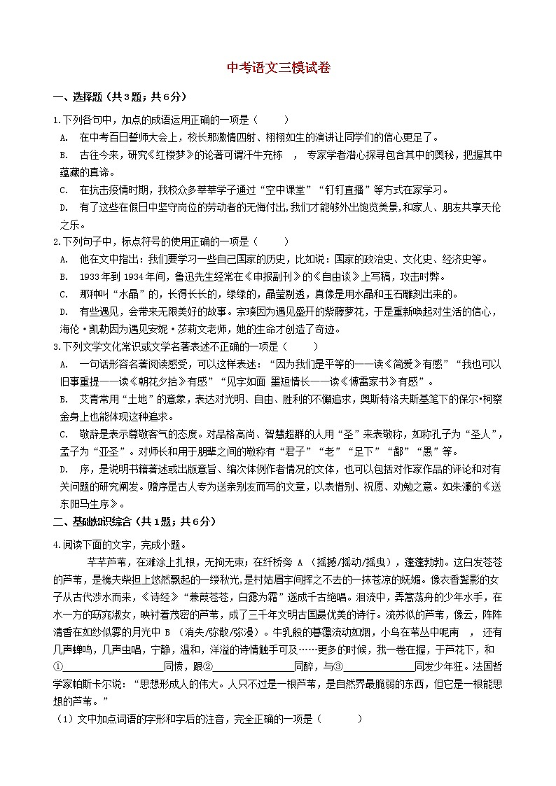 山东省济宁市2021年中考语文三模试卷及参考答案01