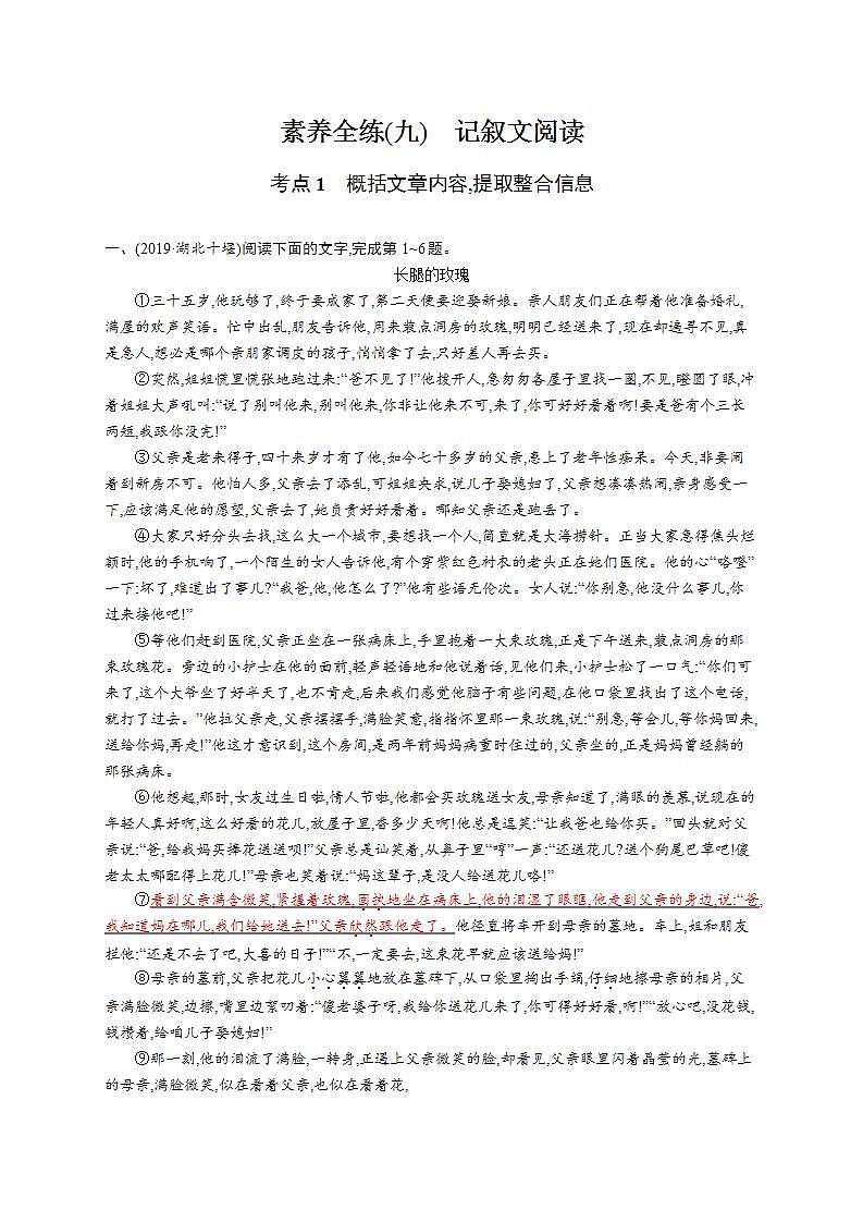 中考语文新素养大一轮素养全练(九)　记叙文阅读第1页