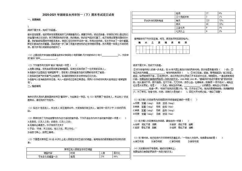 2020-2021年湖南省永州市初一（下）期末考试语文试卷 (2)部编版第1页