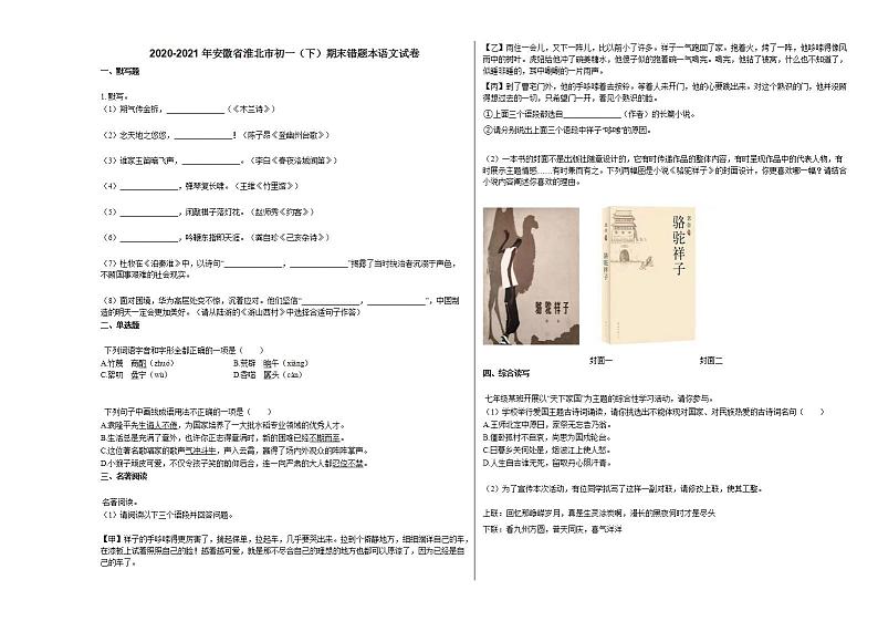 2020-2021年安徽省淮北市初一（下）期末错题语文试卷部编版01
